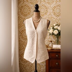 Donna Karan Vintage Beige Silk Embroidered Sleeveless One-Button Vest Sz M
